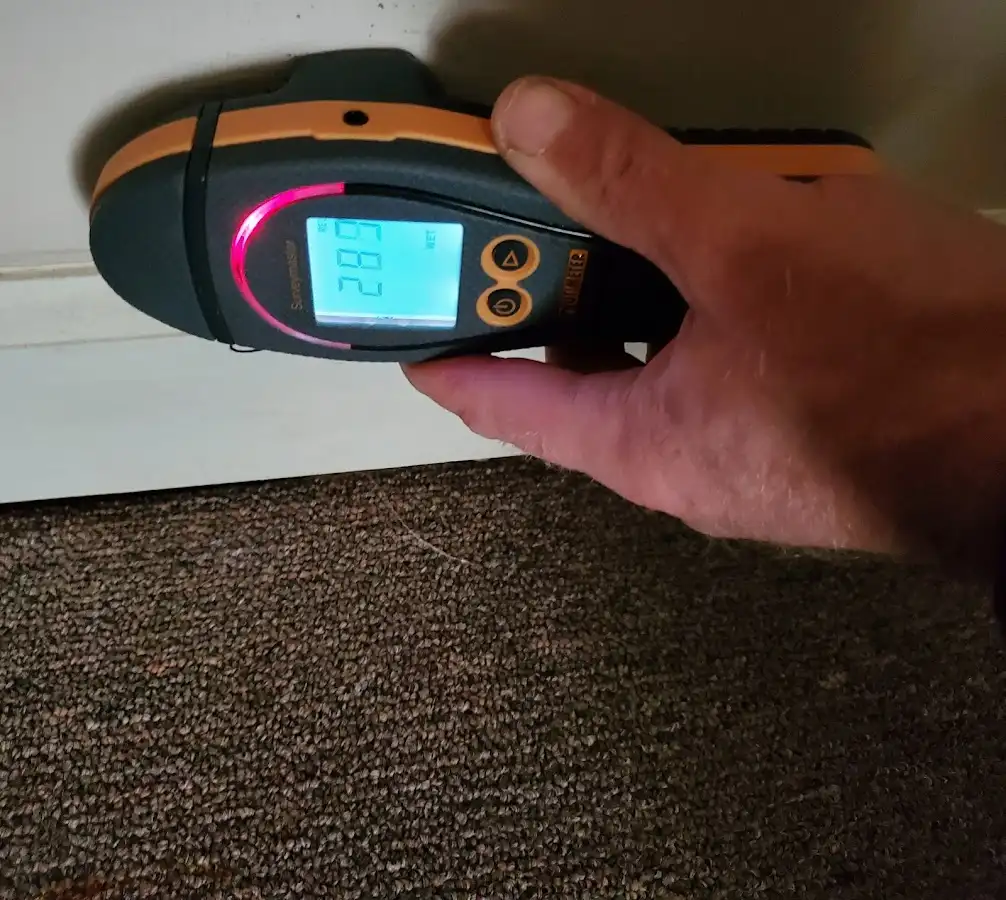 Moisture detection at baseboard during Storm Damage Restoration in Leonia